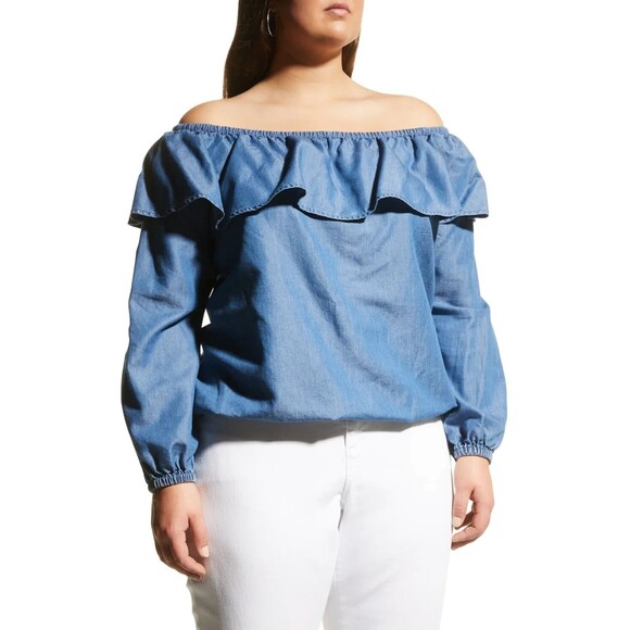 Michael Kors Tops - MICHAEL Michael Kors Off The Shoulder Denim Chambray Ruffle Top Plus Size 2X